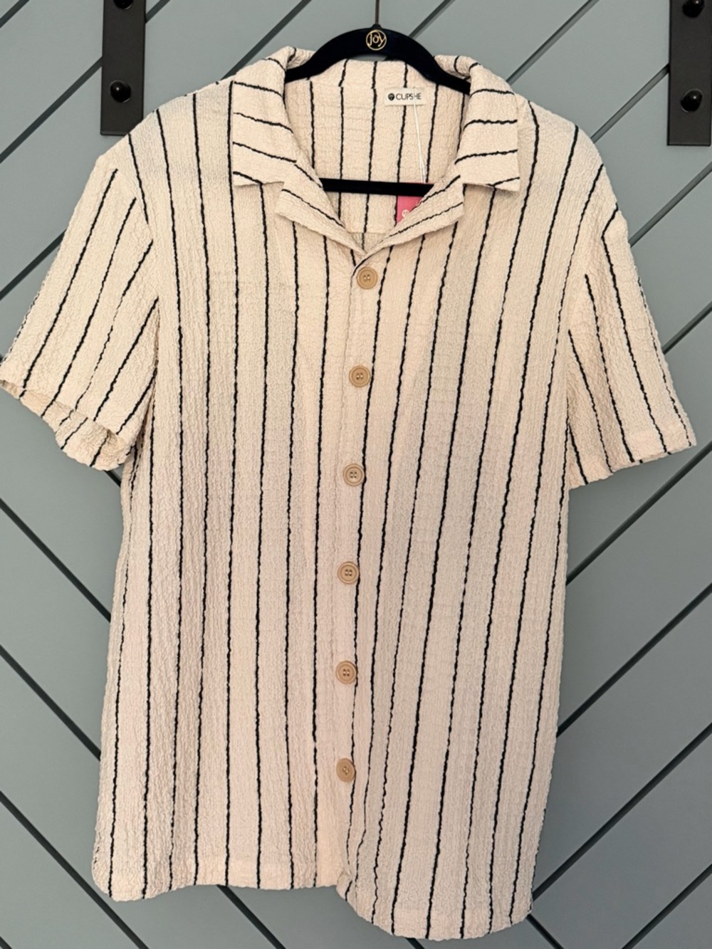 Cupshe Cream Short-Sleeve Button-Down Shirt with Black Pinstripes
